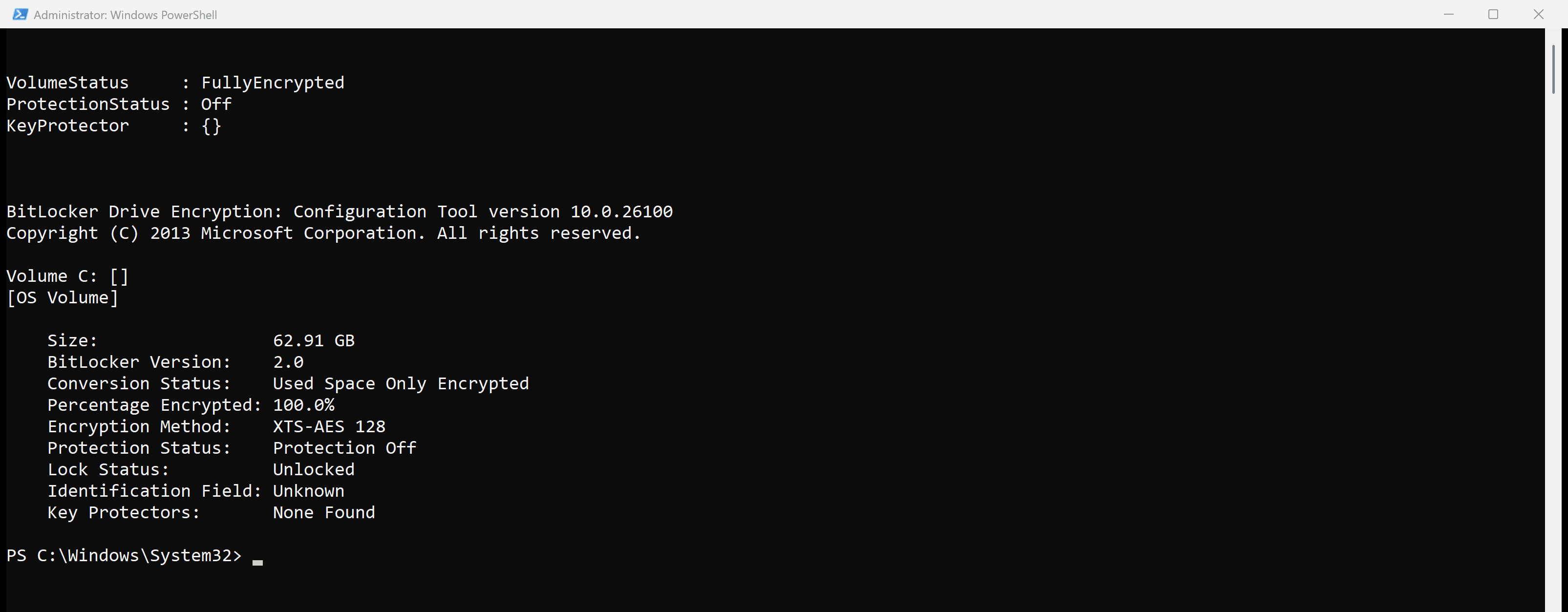 PowerShell output of Get-BitLockerVolume showing VolumeStatus FullyEncrypted, ProtectionStatus Off and an empty KeyProtector, with manage-bde reporting Protection Off and Key Protectors None Found