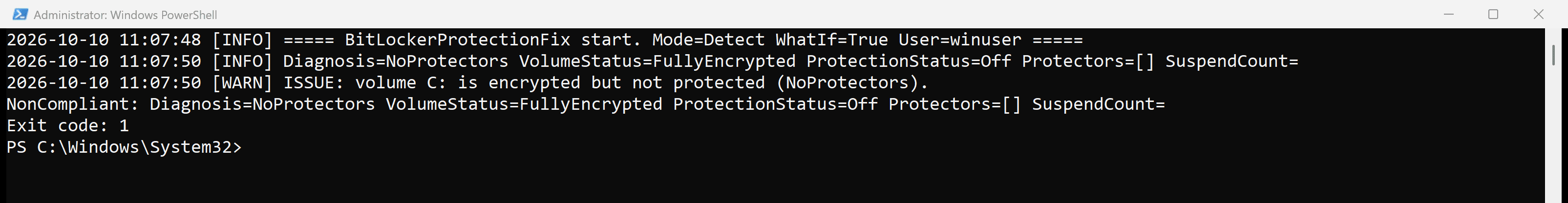 Atliso BitLocker Protection Fix in detect mode reporting Diagnosis NoProtectors and exiting with code 1