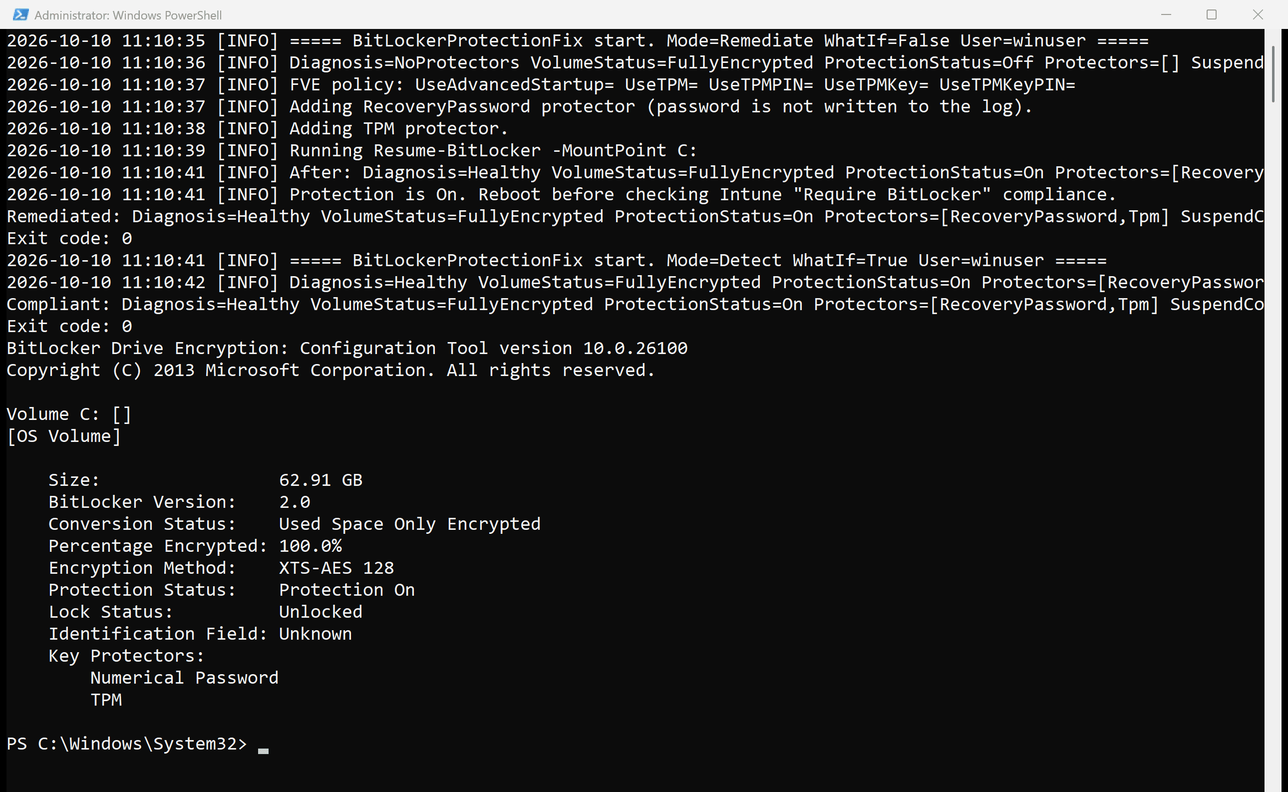 Atliso script adding a recovery password and TPM protector and resuming BitLocker, then detect mode reporting Healthy with exit code 0 and manage-bde showing Protection On with Numerical Password and TPM protectors