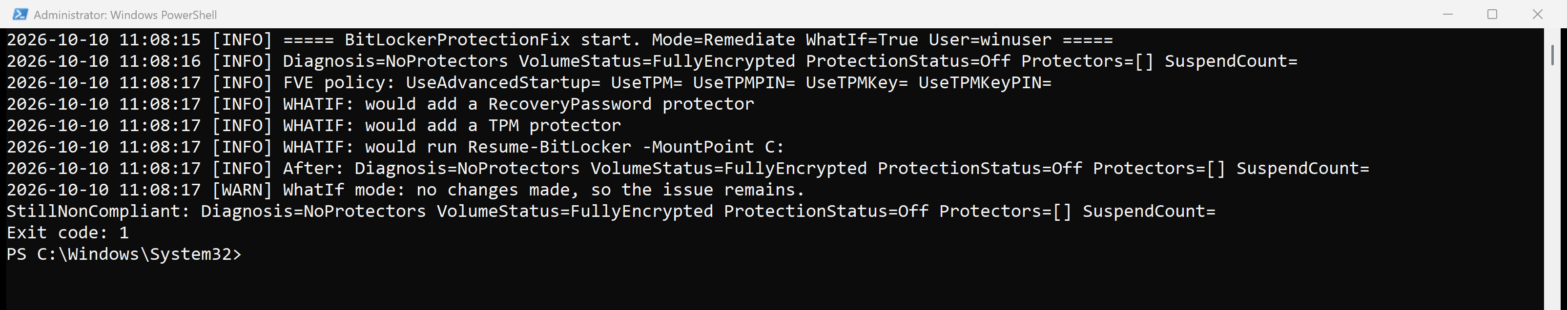 Atliso script in remediate mode with WhatIf true listing the protectors it would add and the Resume-BitLocker call it would run, then exiting 1 with no changes