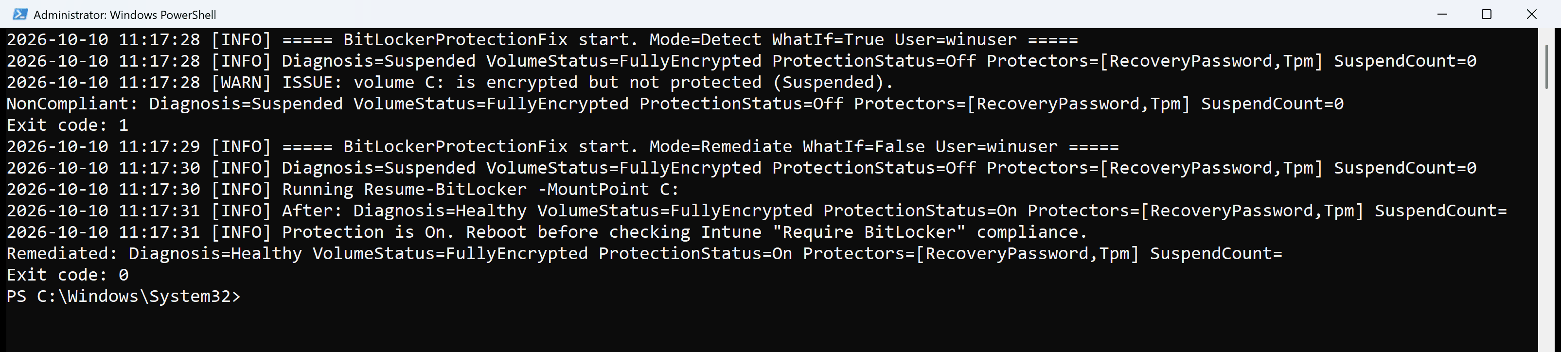 Atliso script detecting a suspended BitLocker volume with SuspendCount 0 and exit code 1, then running Resume-BitLocker and reporting Healthy with exit code 0
