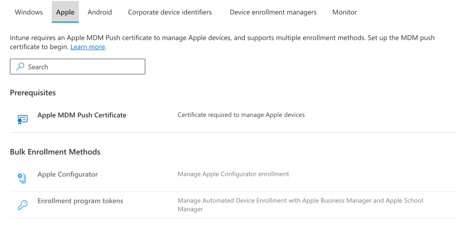 Intune admin center, Devices > Enrollment, Apple tab, showing Apple MDM Push Certificate under Prerequisites and Enrollment program tokens under Bulk Enrollment Methods