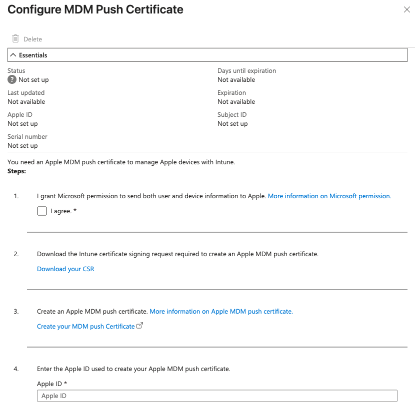 Configure MDM Push Certificate pane in Intune with Status, Apple ID, Expiration and Days until expiration, and the steps: I agree, Download your CSR, Create your MDM push Certificate, Apple ID