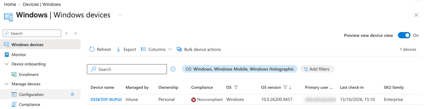 Intune admin center, Windows devices list sorted by OS version with the SKU family column added, showing a Windows 11 25H2 device with SKU family Enterprise