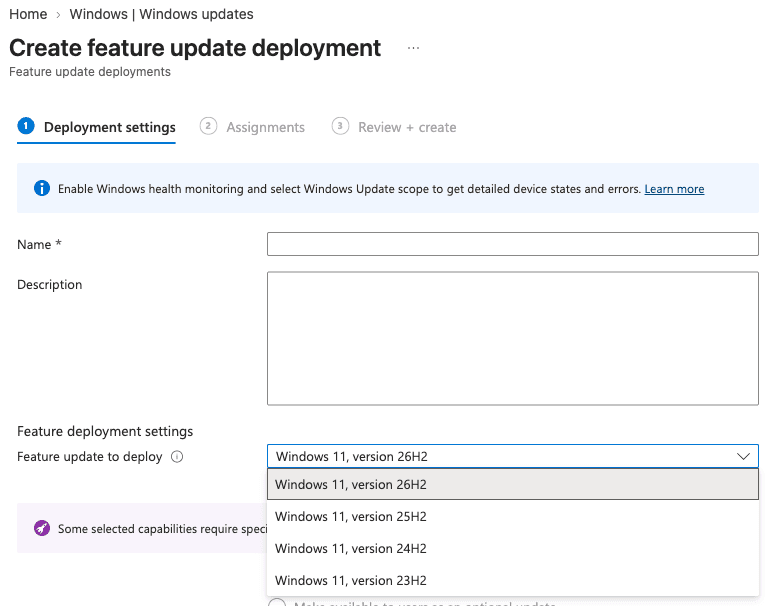 Intune Create feature update deployment page with the Feature update to deploy list open, showing Windows 11 versions 26H2, 25H2, 24H2 and 23H2, with 26H2 selected
