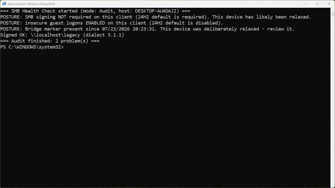 Audit mode detecting a device that was relaxed: signing not required, guest logons enabled, bridge marker present