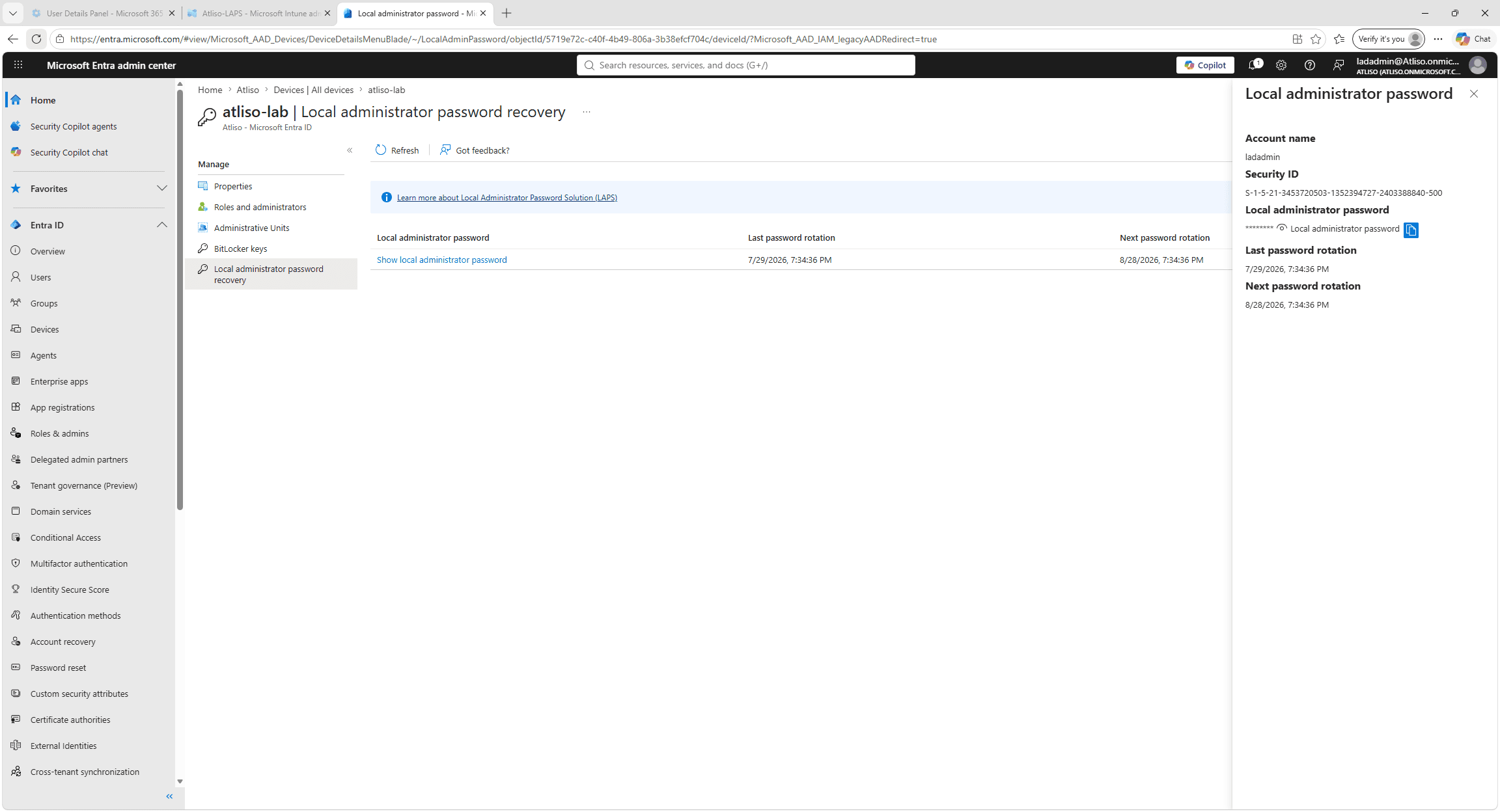 Intune device record showing a freshly updated Windows LAPS password recovery timestamp