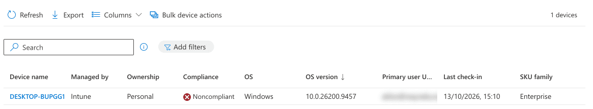 Intune admin center, Devices > All devices, with the Last check-in column showing the date each device last synced
