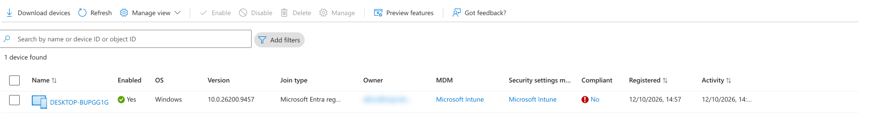Entra admin center, Devices > All devices, with the Activity column showing the approximate last sign-in date